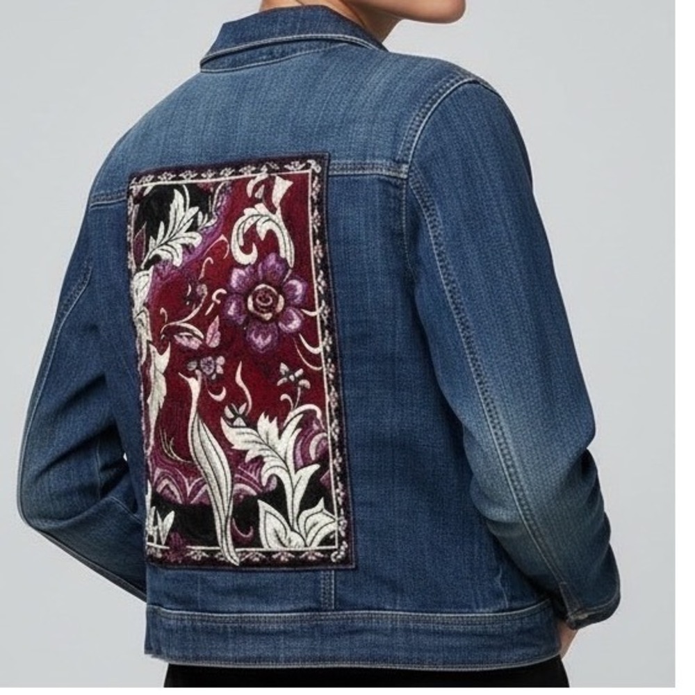 Chicos‎ Denim Jacket Embroidered Patch Floral Jean Jacket Women 2P 12 large